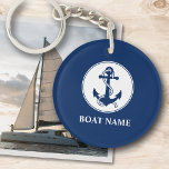Porte-clés Votre nom de bateau Ancre et corde Marine Blue 2 C<br><div class="desc">Un porte - clé acrylique à double face et personnalisé sur le thème nautique avec votre nom de bateau, nom de famille, capitaine ou autre texte désiré. Ce design unique présente un emblème d'ancre de bateau fait sur mesure avec une corde en bleu marine classique et accentué sur un cercle...</div>