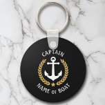 Porte-clés Votre nom de bateau Capitaine Ancre Laurel Marine<br><div class="desc">Un Porte - clé personnalisé avec votre nom de bateau, votre nom de famille ou tout autre texte désiré et le titre de capitaine ou tout autre grade selon les besoins. Doté d'une ancre nautique conçue sur mesure, de feuilles de laurier de style or et d'emblème d'étoile sur le noir...</div>