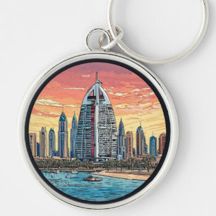 Porte-clés Vue panoramique de Dubaï au crépuscule avec la tou