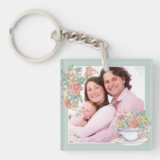 Porte-clés Watercolor Floral Teacup Custom Photo (Devant)