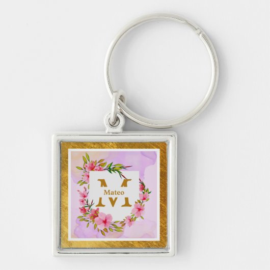 Porte-clés Watercolor Flower Gold Frame | Custom Name (Devant)