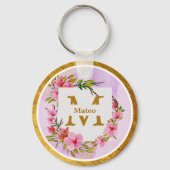 Porte-clés Watercolor Flower Gold Frame | Custom Name (Verso)