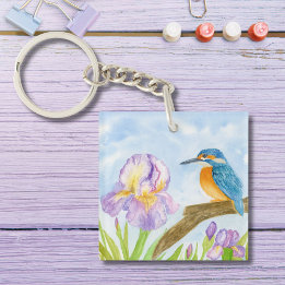 Porte-clés Watercolor Kingfisher with Purple Irises