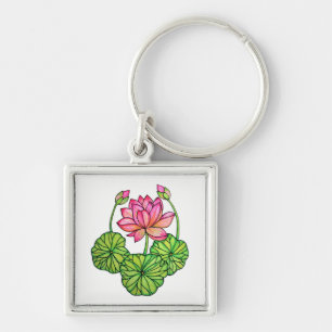Porte-clés Watercolor Pink Lotus with Buds & Leaves