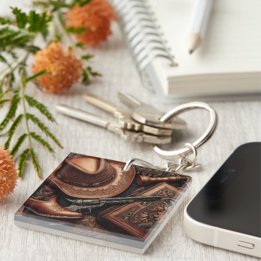 Porte-clés Western Trio : Casquette, Bottes, Revolver (Devant Droit)