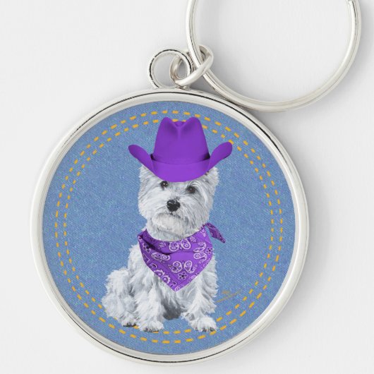Porte-clés Westie Cowboy sur Denim (Devant)