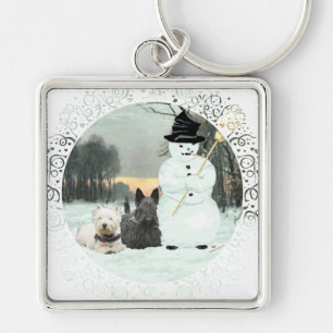 Porte-clés Westie & Scottie construisent un bonhomme de neige