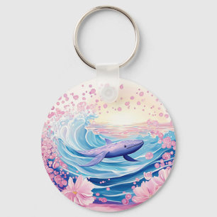 Porte-clés Whimsical Blue And Pink Whale Art
