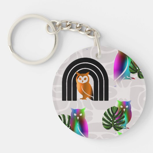 Porte-clés Whimsical Boho Owl & Tropical Monstera Leaf (Devant)