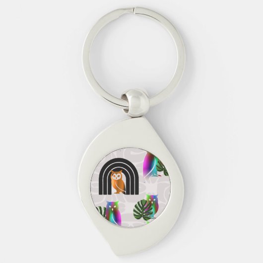 Porte-clés Whimsical Boho Owl & Tropical Monstera Leaf (Devant)