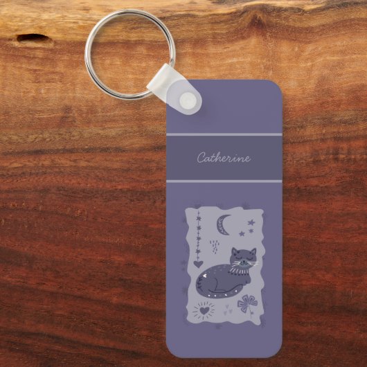 Porte-clés Whimsical Night Cat Folk Art Custom Keychain (Recto)