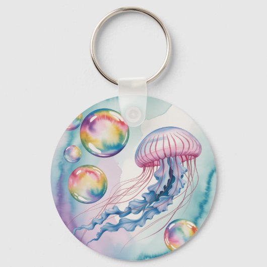 Porte-clés Whimsical Rainbow Jellyfish Watercolor Design (Recto)
