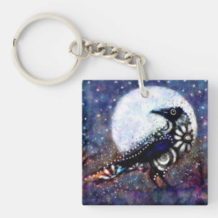 Porte-clés Whimsical Raven Lune Floral Noir Blanc Bleu