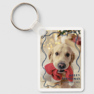 Porte-clés Whimsical Red Ribbon Pet Photo Joyeux Noël
