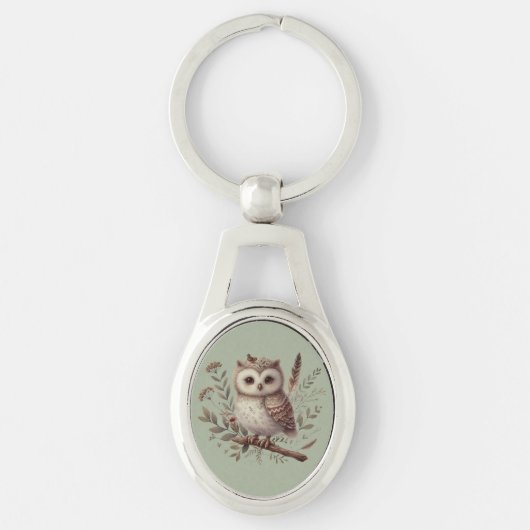 Porte-clés Whimsical Woodland Owl Botanical Illustration (Devant)