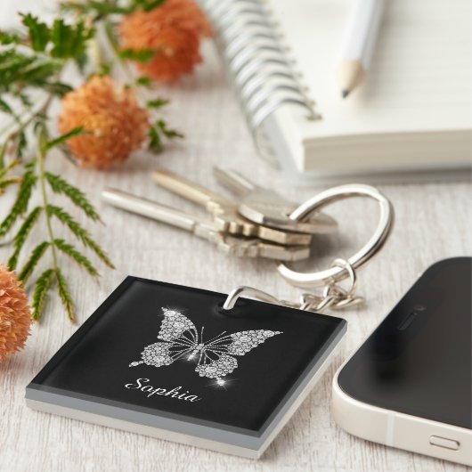 Porte-clés White Diamond Butterfly, DIY Script Nom, Black (Devant Droit)