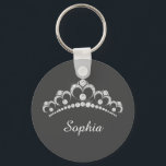 Porte-clés White Diamond Crown, DIY Script Name, Dark Grey<br><div class="desc">Personalize your name in white script on Dark Grey background with sparkling white diamond crown. Click “Customize” to change colors and type styles.</div>
