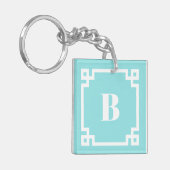 Porte-clés White Square Greek Key Border Aqua Blue Monogram (Devant gauche)