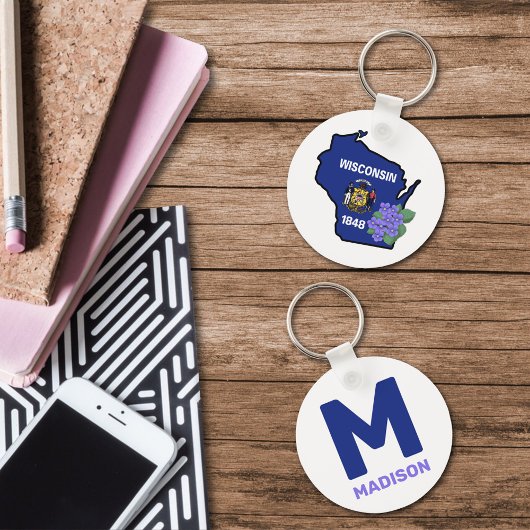 Porte-clés Wisconsin Drapeau et Fleur Bleu Violet Nom personn
