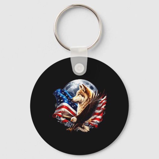 Porte-clés Wolf Bald Eagle American Flag Full Moon New Years (Recto)
