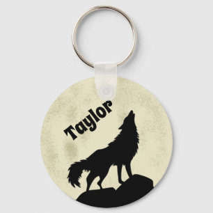 Porte-clés Wolf Howling at the Moon Illustration personnalisé