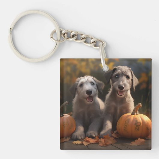 Porte-clés Wolfhound Chiot Automne Citrouille de plaisir (Devant)