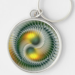 Porte-clés Yin Yang Vert Jaune Abstrait Fractal Coloré