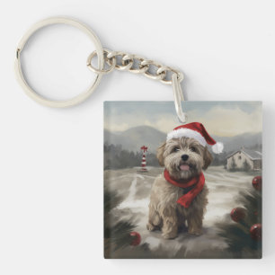 Porte-clés Yorkipoo chien dans la neige Noël