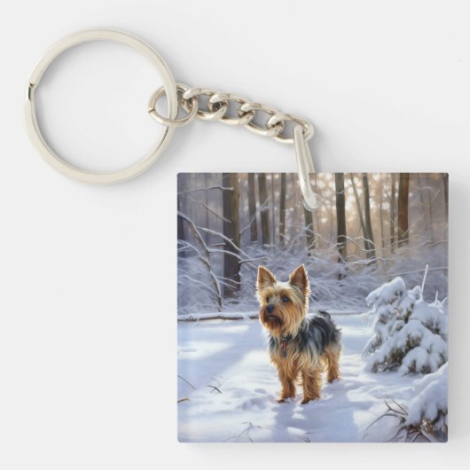 Porte-clés Yorkshire Terrier Laisser Neige Noël (Devant)
