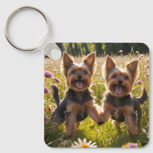 Porte-clés Yorkshire Terriers Jouer dans l'herbe