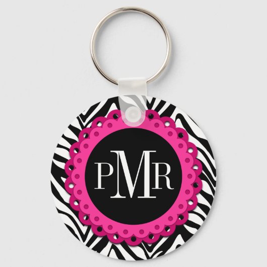 Porte-clés Zebra Print Hot Rose Lace Monogramme Personnalisé (Recto)