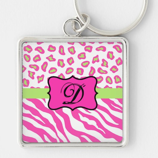 Porte-clés Zèbre blanc rose chaud Léopard Monogramme de peau (Devant)