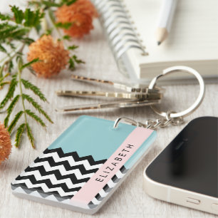 Porte-clés Zigzag noir et blanc, Chevron, Bleu, Votre nom