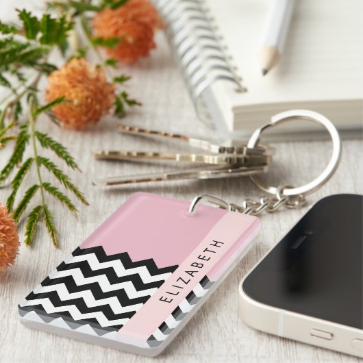 Porte-clés Zigzag noir et blanc, Chevron, rose, Votre nom (Devant droit)