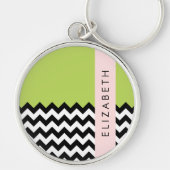 Porte-clés Zigzag noir et blanc, Chevron, Vert, Votre nom (Devant)