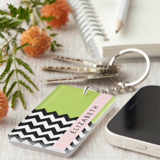 Porte-clés Zigzag noir et blanc, Chevron, Vert, Votre nom (Devant droit)