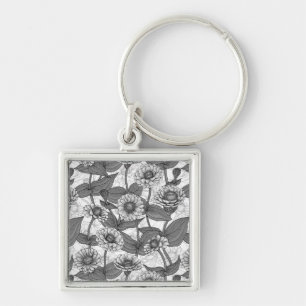 Porte-clés Zinnias, monochrome sur blanc