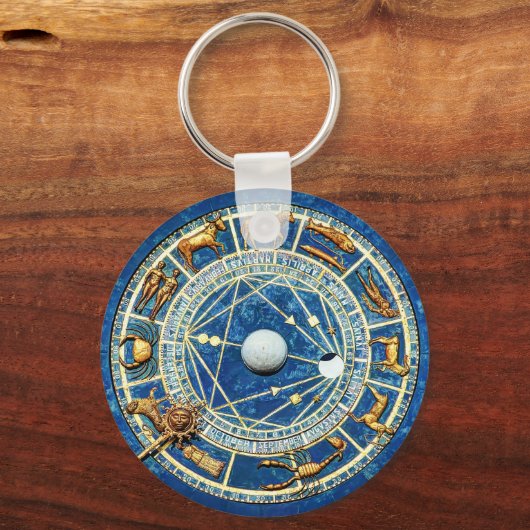 Porte-clés Zodiac Roue Astrologie Bleu céleste Antique Or (Verso)