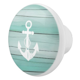 Porte En Céramique Aqua Blue Ancre Faux Wood Bouton de tiroir nautiqu