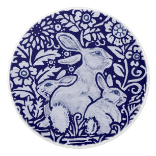 Porte En Céramique Bleu et blanc Lapin Famille Tiroir Tête Bouton De