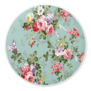 Porte En Céramique Bouton de tiroir Bouquet de roses sarcelle vintage