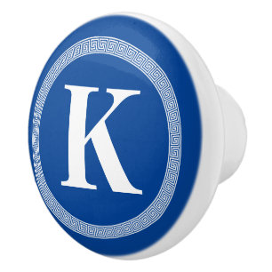 Porte En Céramique Élégant clé grecque méandre motif bleu bouton de t