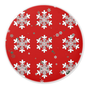 Porte En Céramique Flocons de Noël sur un bouton de tirage rouge