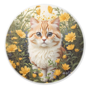 Porte En Céramique Joli Chat Munchkin Et Fleurs De Bouton d'Or