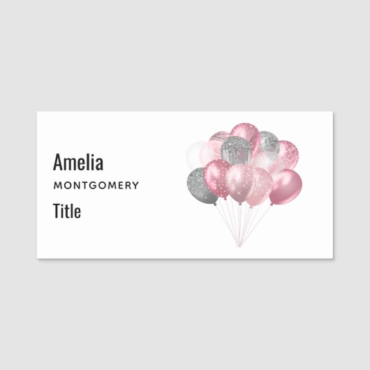 Porte-nom Ballons de parties scintillant rose et argent (Devant)