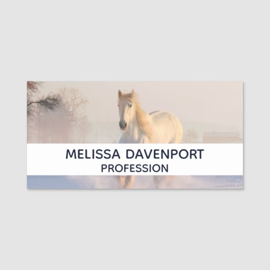 Porte-nom Beau Cheval Blanc Galloping dans la neige (Devant)