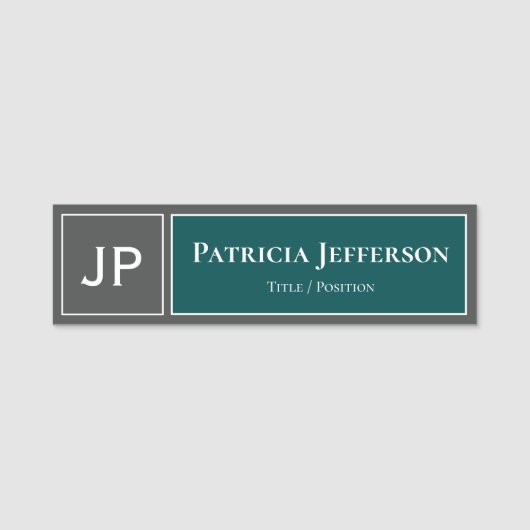 Porte-nom Bleu foncé Vert Turquoise & gris : Monogramme prof (Devant)