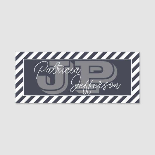 Porte-nom Bleu minuit Monogramme rayé blanc (Devant)