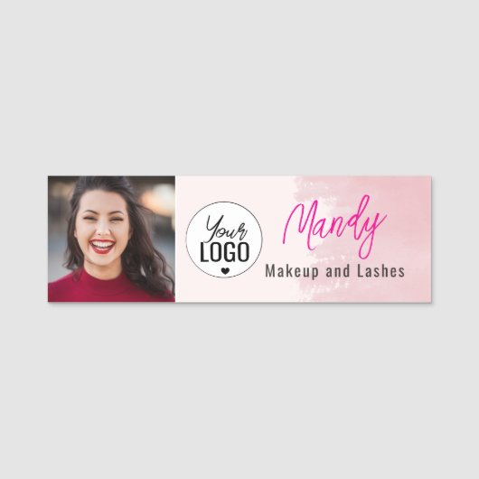 Porte-nom Blush Rose Logo Script Photo Maquillage (Devant)
