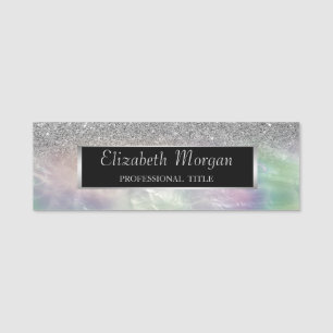 Porte-nom Cadre argenté élégant, ombre glitter holographique